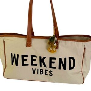 Santa Barbara Weekend Vibes Canvas Tote Bag - Tan and Black,NWOT 11x20x7 drop 12